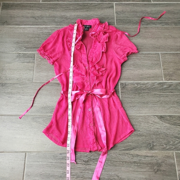 NWOT Dizzy Lizzy Fuchsia Pink Sheer Tie Neck Top w/ Ruffles & Ribbons - Picture 6 of 10